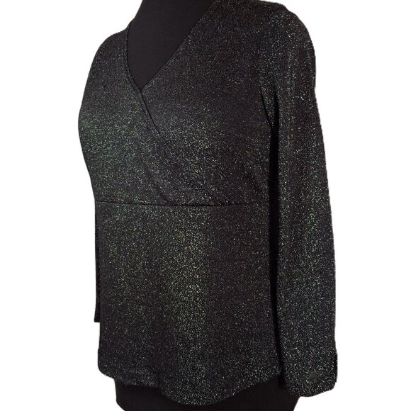 Glitter Black Gold Faux Wrap Empire Shimmer Holiday PartyTop Size L Long Sleeves - Picture 7 of 14